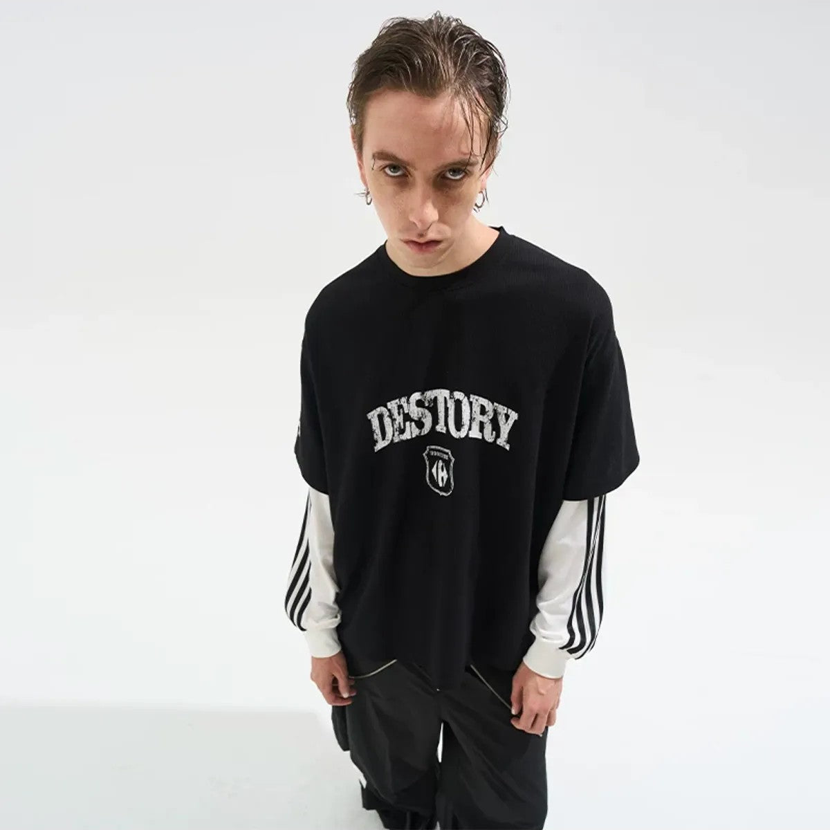 BLINDNOPLAN Distressed Faux Layered Tee in Black - On Model