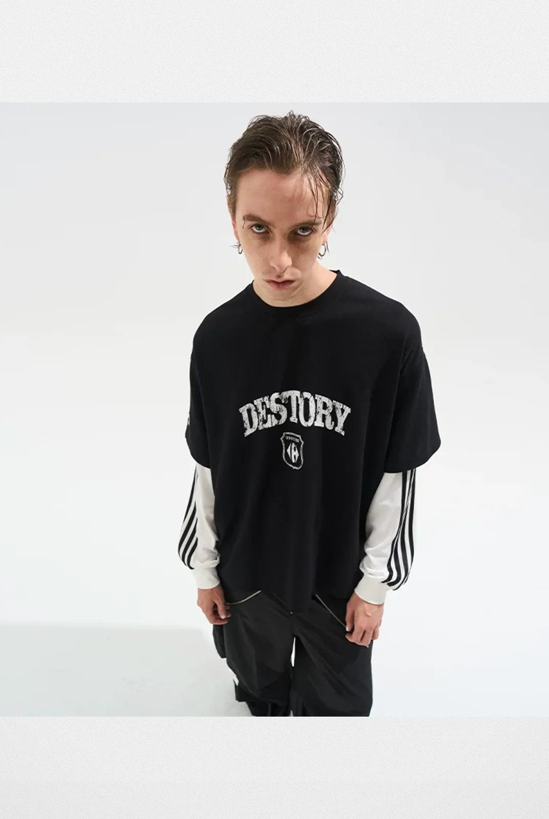 BLINDNOPLAN Distressed Faux Layered Tee in Black - On Model