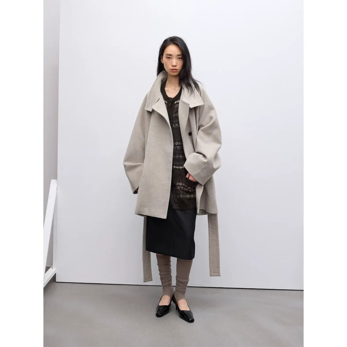 RandomPiece Wool Alpaca Stand Collar Coat in Beige - On Model