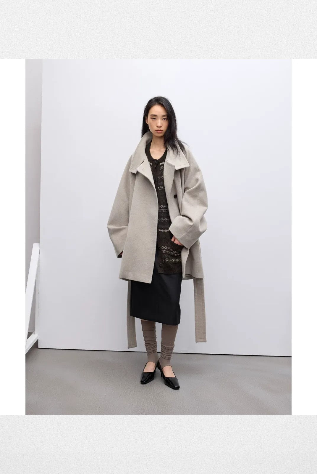 RandomPiece Wool Alpaca Stand Collar Coat in Beige - On Model