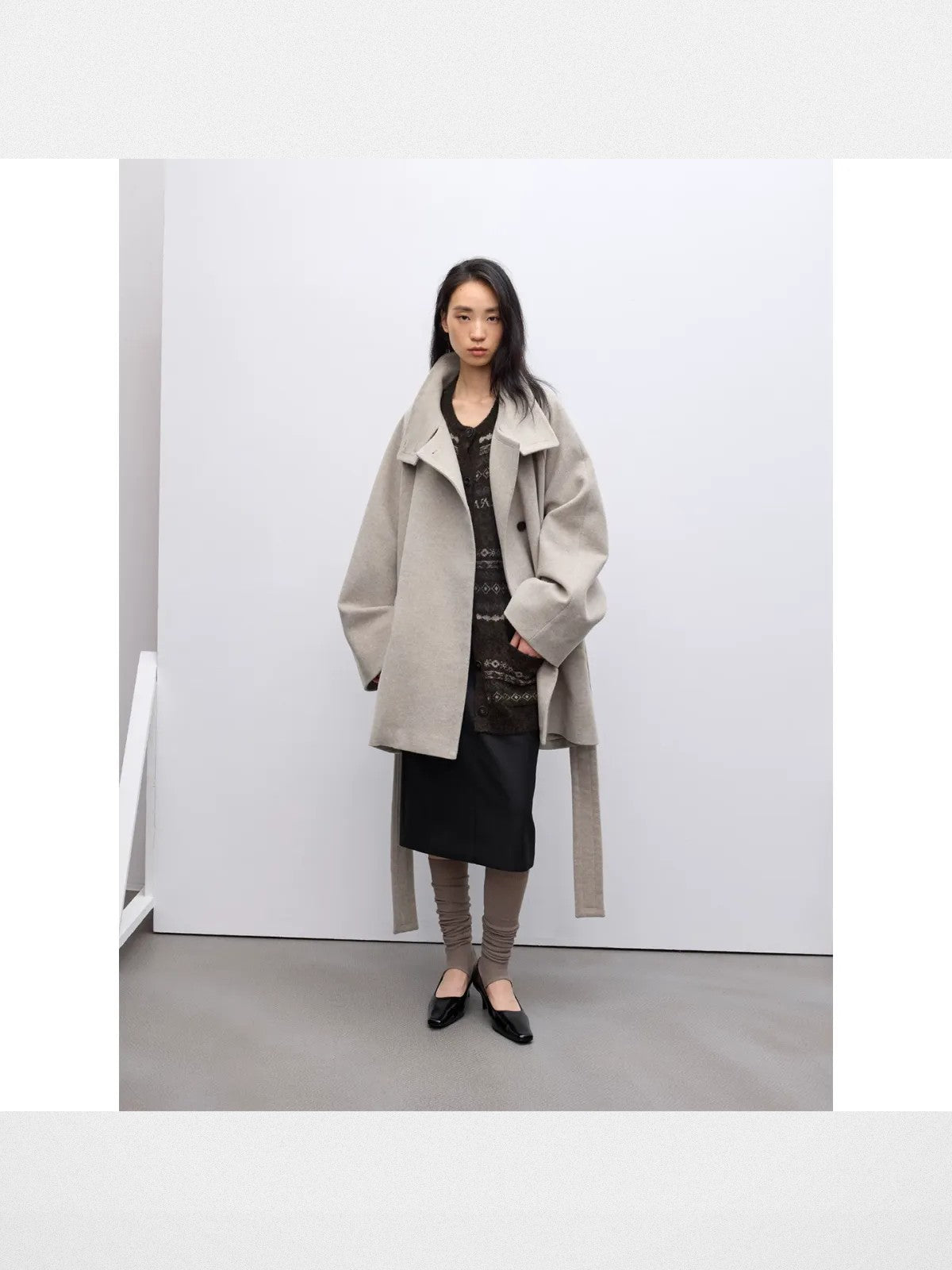 RandomPiece Wool Alpaca Stand Collar Coat in Beige - On Model