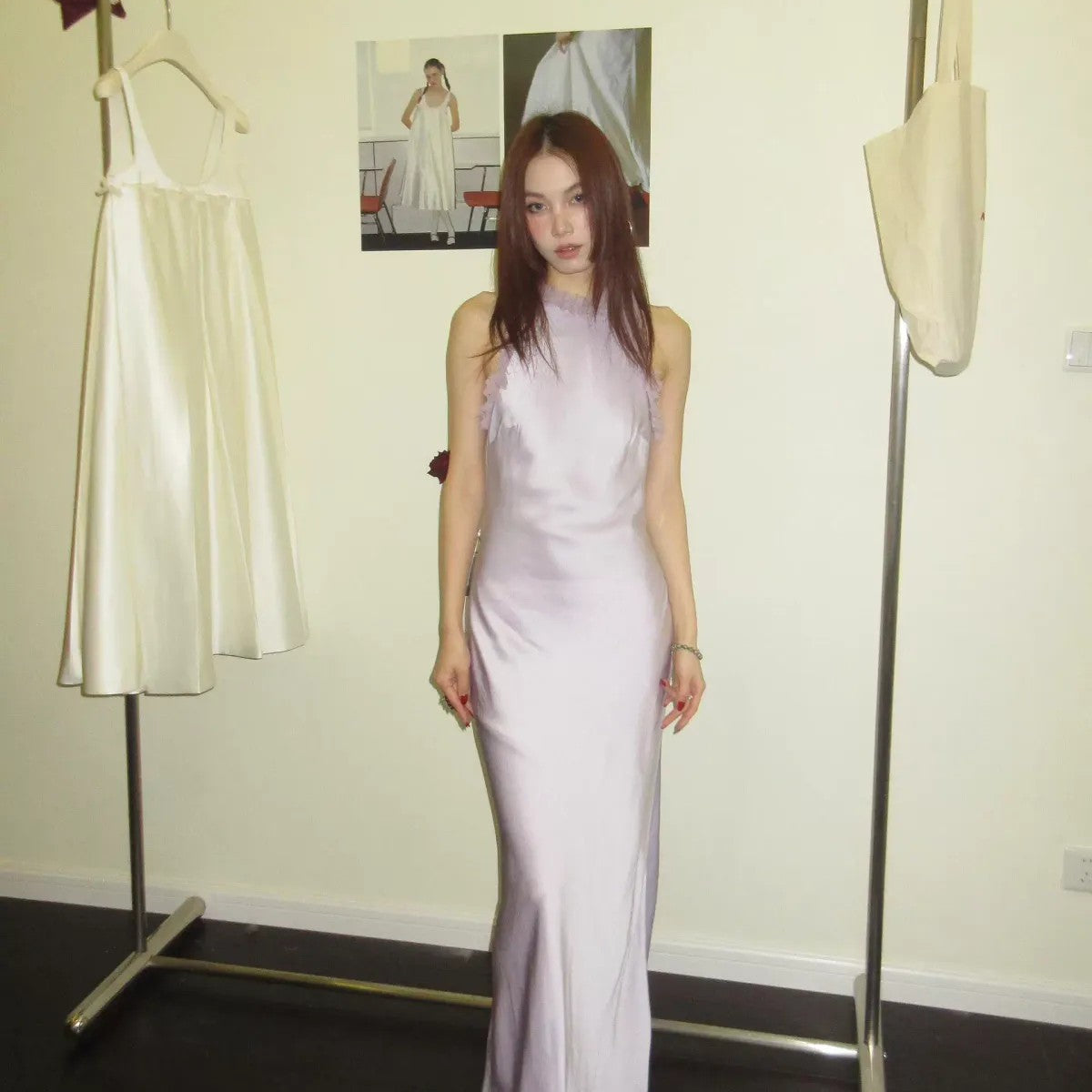 1S STUDIO Ruffled Acetate Satin Halter Dress in Purple - On Model