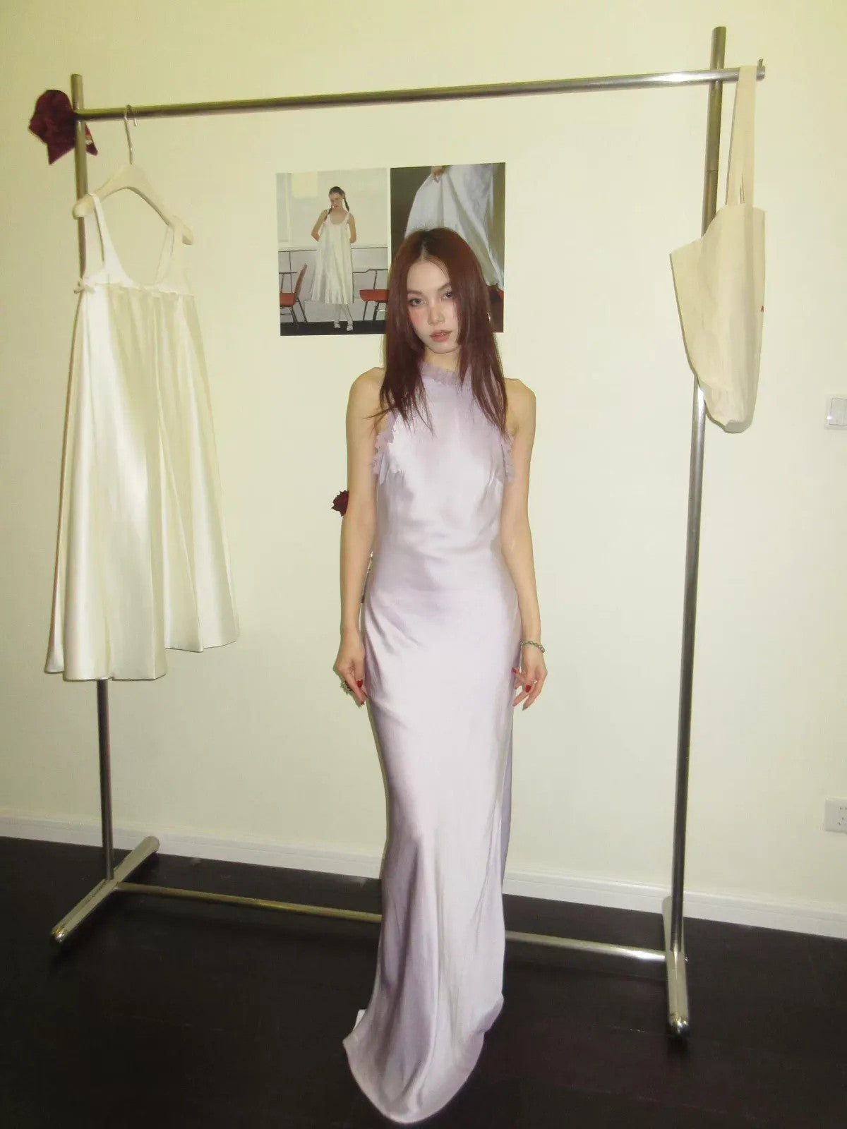 1S STUDIO Ruffled Acetate Satin Halter Dress in Purple - On Model