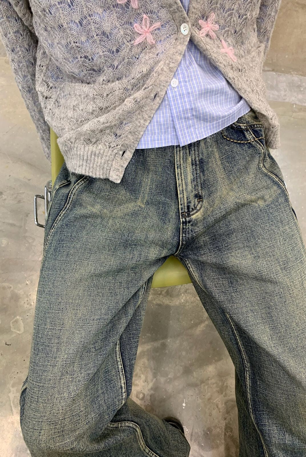 NeverSeez Hand Distressed Micro Flare Jeans in Light Blue