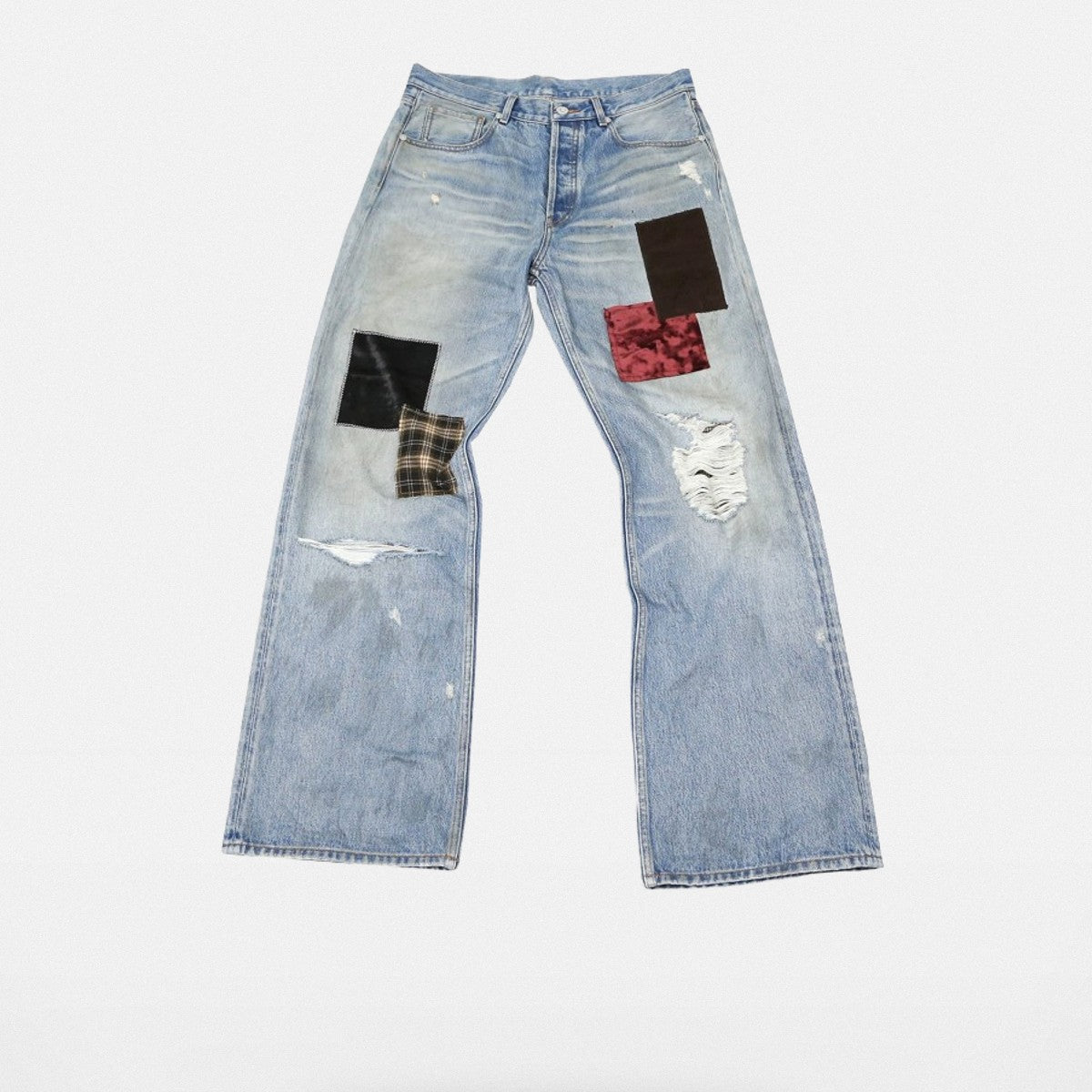 SOD Co. Patchwork Velvet Plaid Flare Jeans in Blue