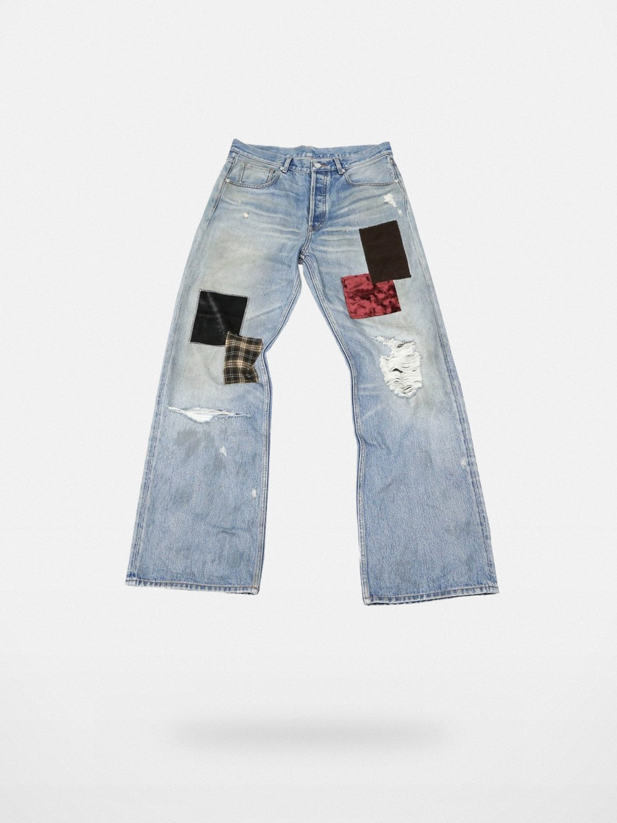 SOD Co. Patchwork Velvet Plaid Flare Jeans in Blue