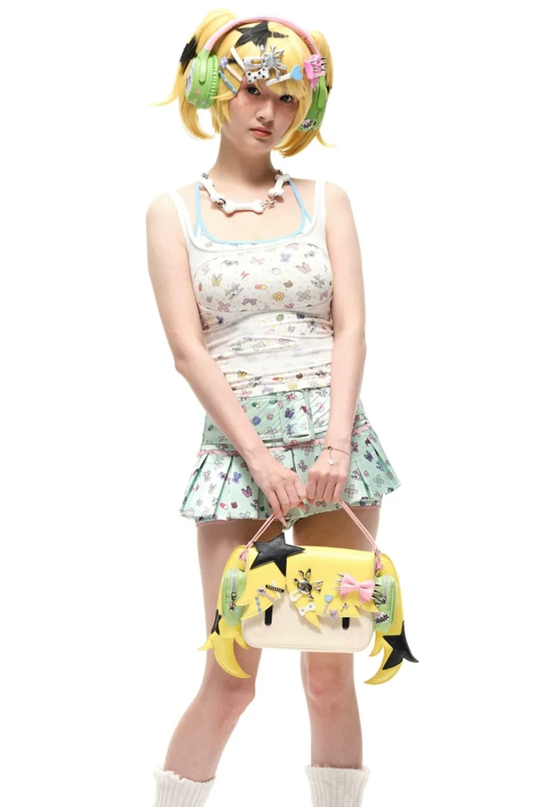 CFIERCE Girl with Headphones Graphic Crossbody in Yellow - On Model