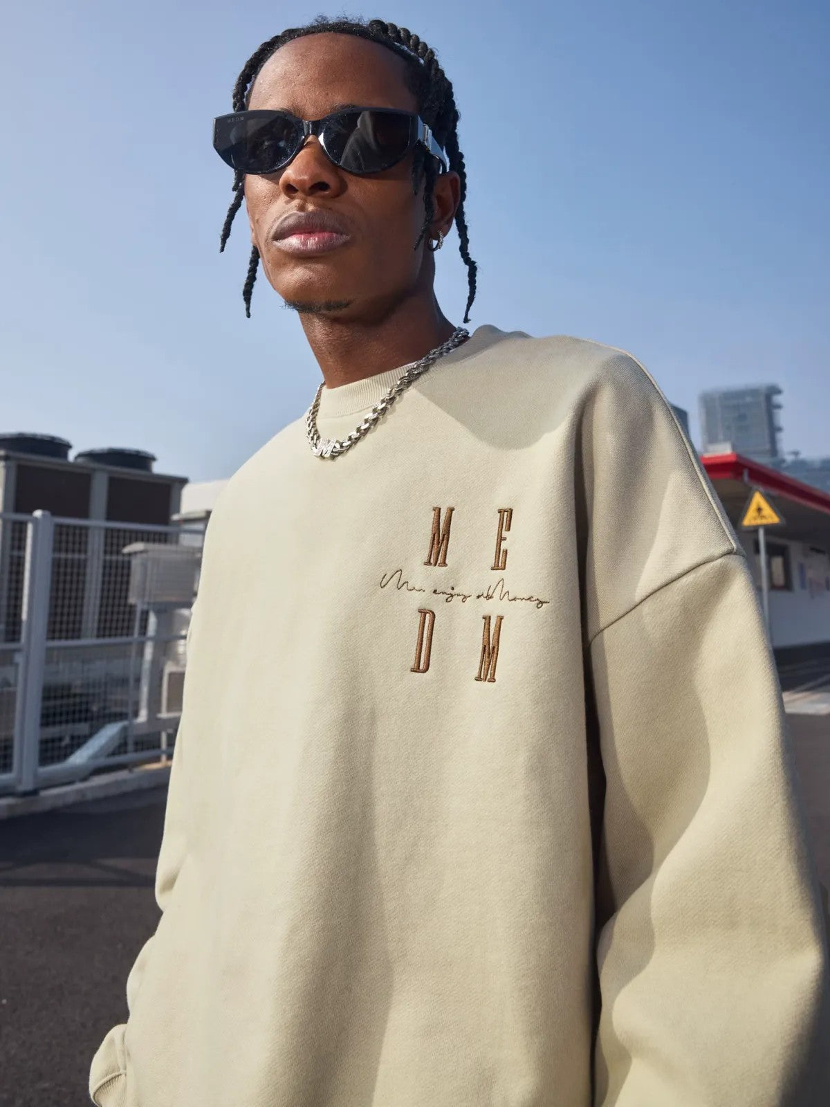 MEDM Cotton Blend Logo Crewneck in Beige - On Male Model