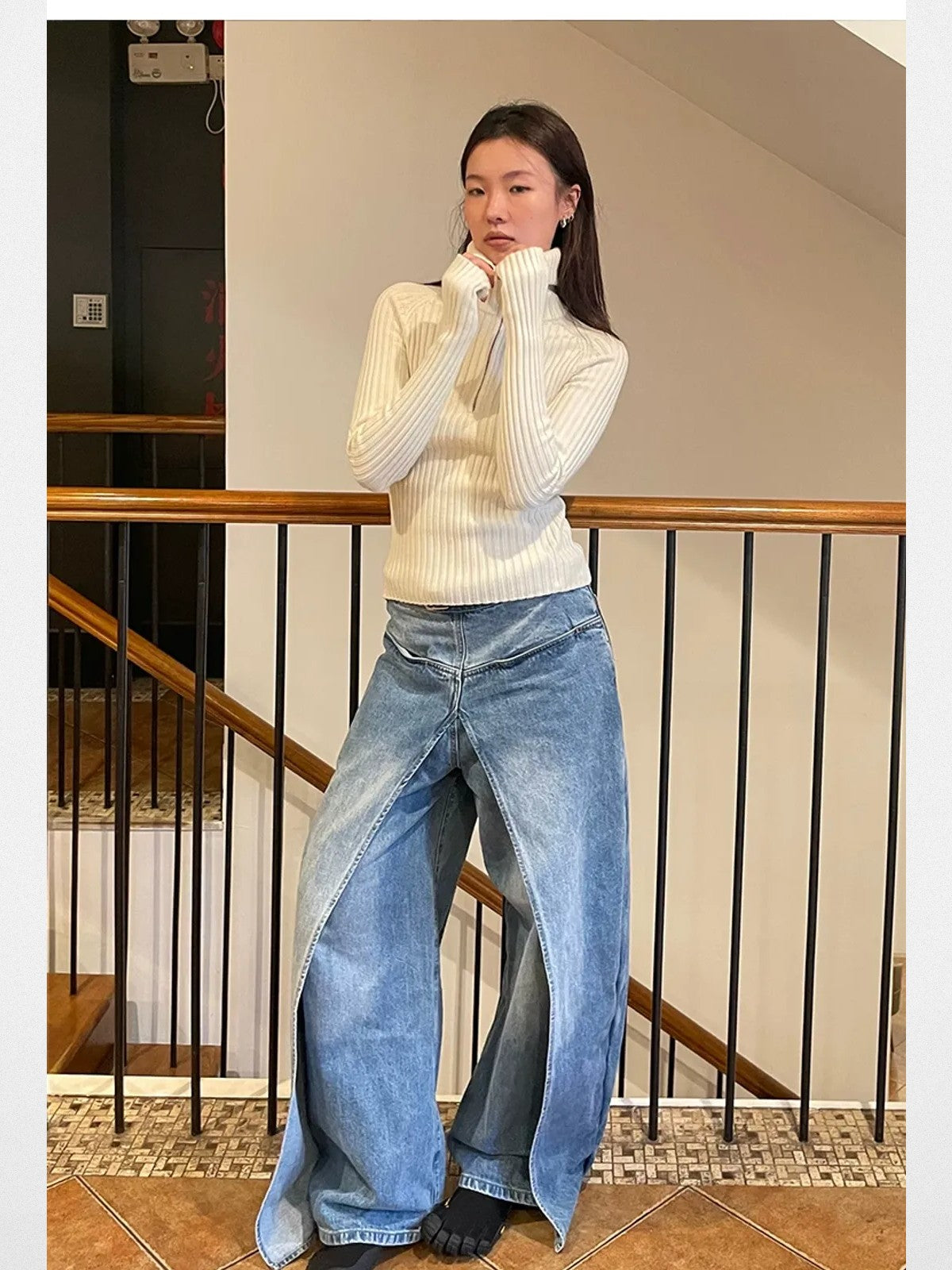 RARELY ALIKE Zip Up High Neck Wool Knit in White - Lifestyle