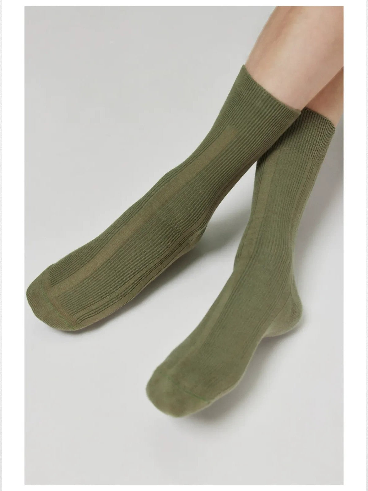 Simple Project Irregular Ribbed Crew Socks in Olive - On Model