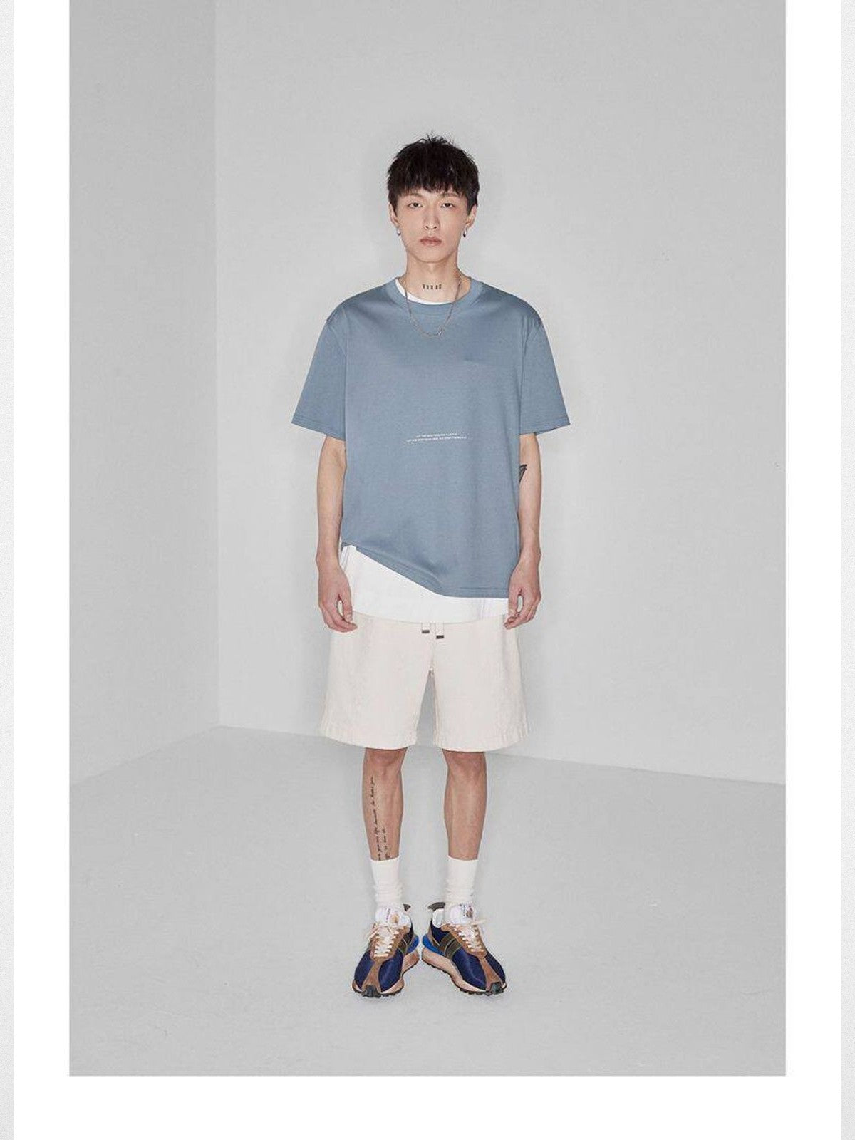 NANS Contrast Print Pima Cotton T Shirt in Sky Blue - On Model