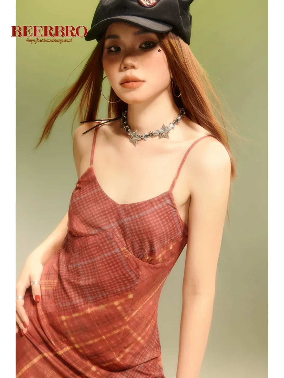 BeerBro Plaid Mesh Mini Dress in Brown - On Model