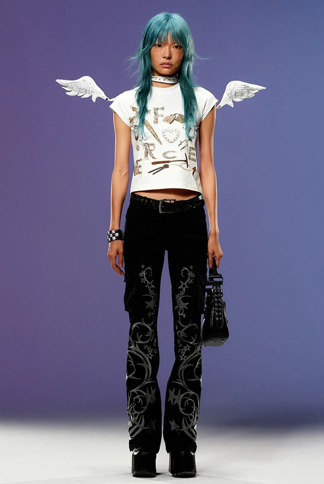 CFIERCE Angel Wings Eyelet Choker in White - On Model