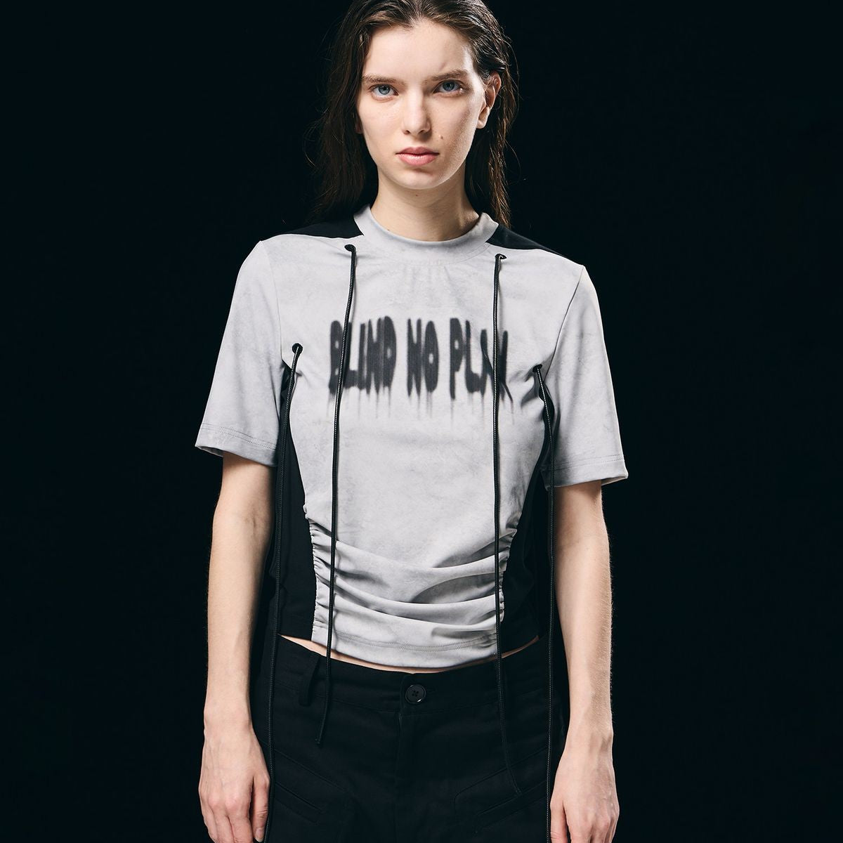 BLINDNOPLAN Contrast Panel Ruched Graphic Tee in White - On Model