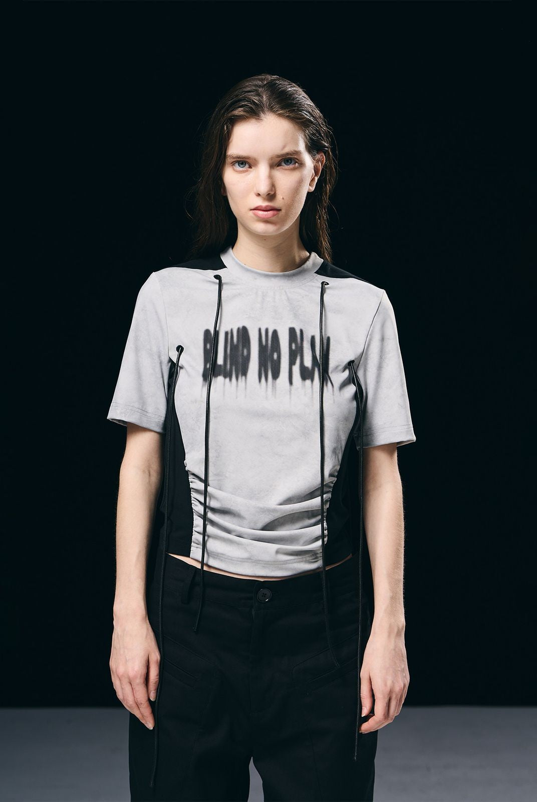 BLINDNOPLAN Contrast Panel Ruched Graphic Tee in White - On Model
