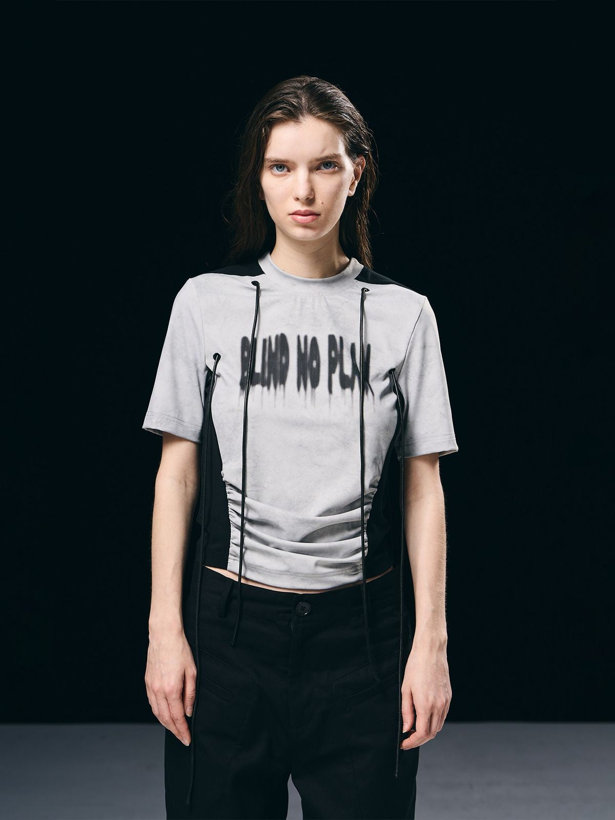 BLINDNOPLAN Contrast Panel Ruched Graphic Tee in White - On Model