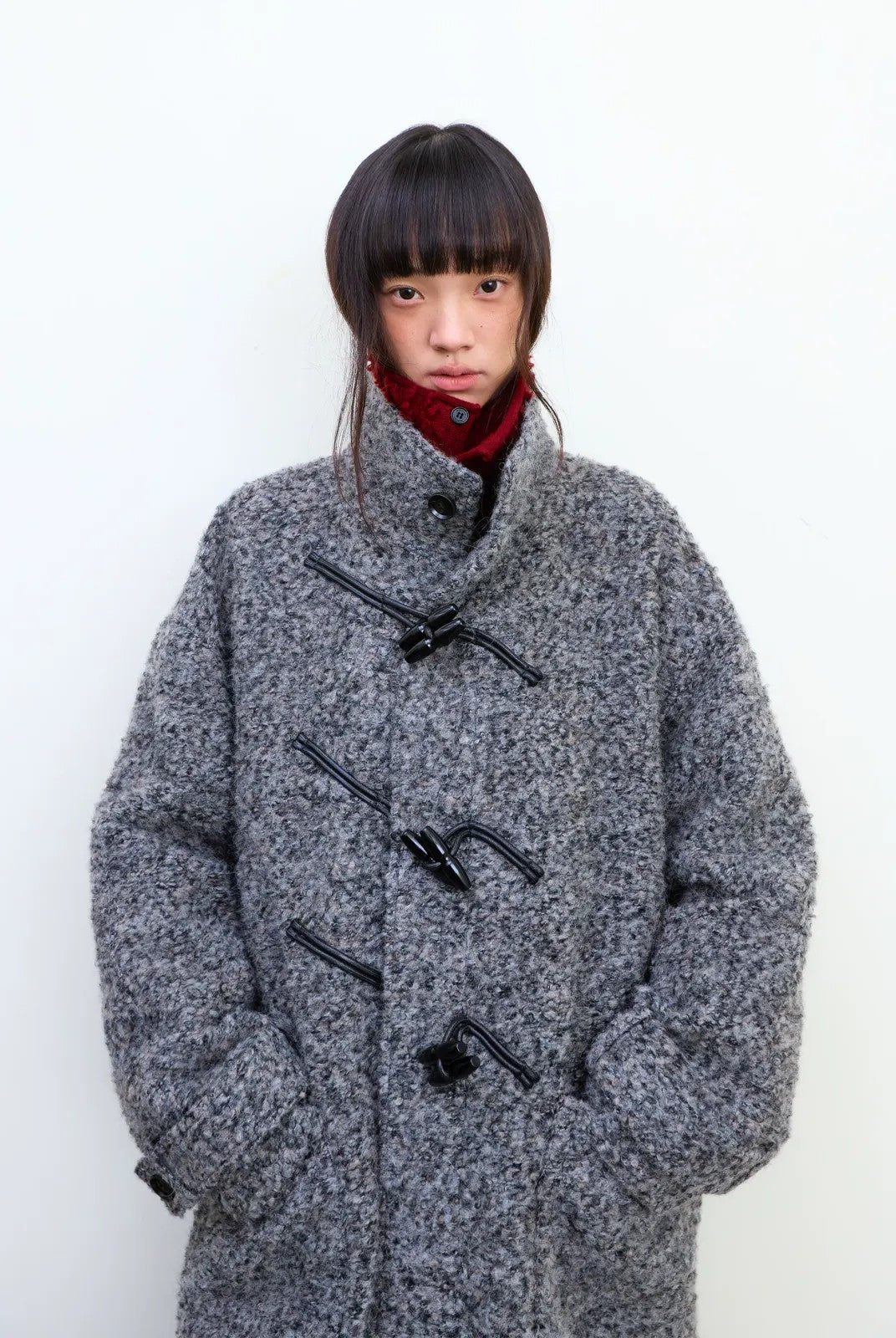 NeverSeez Boucl Wool Duffle Coat in Black