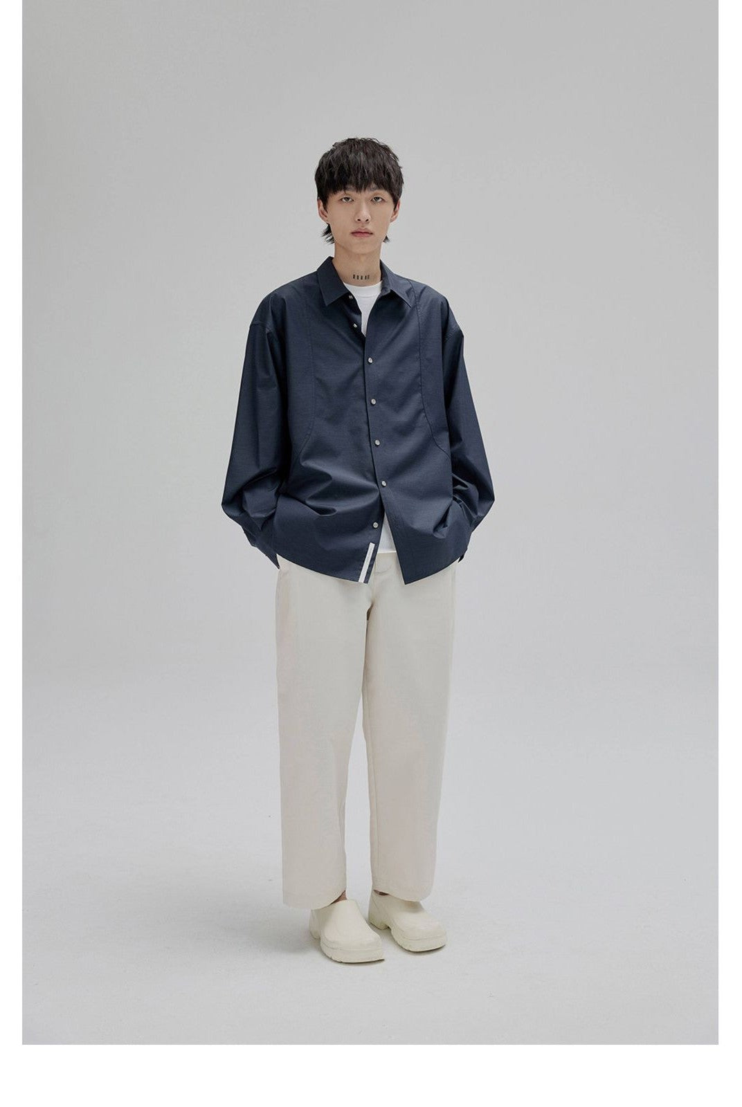 NANS Curved Seam Cotton Blend Shirt in Navy Blue - On Model