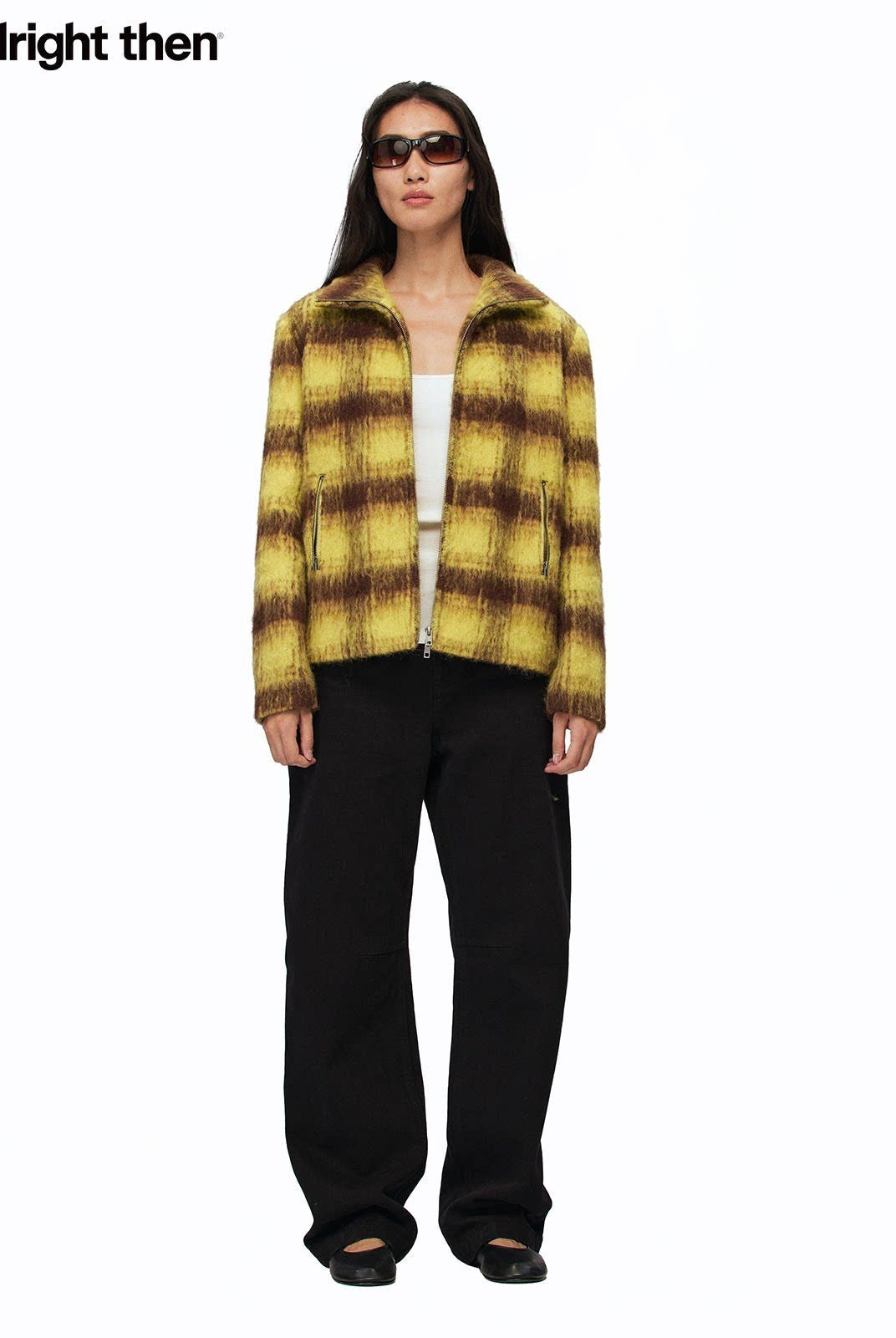 Alright Then Plaid Wool Blend Zip Jacket in Yellow - On Model