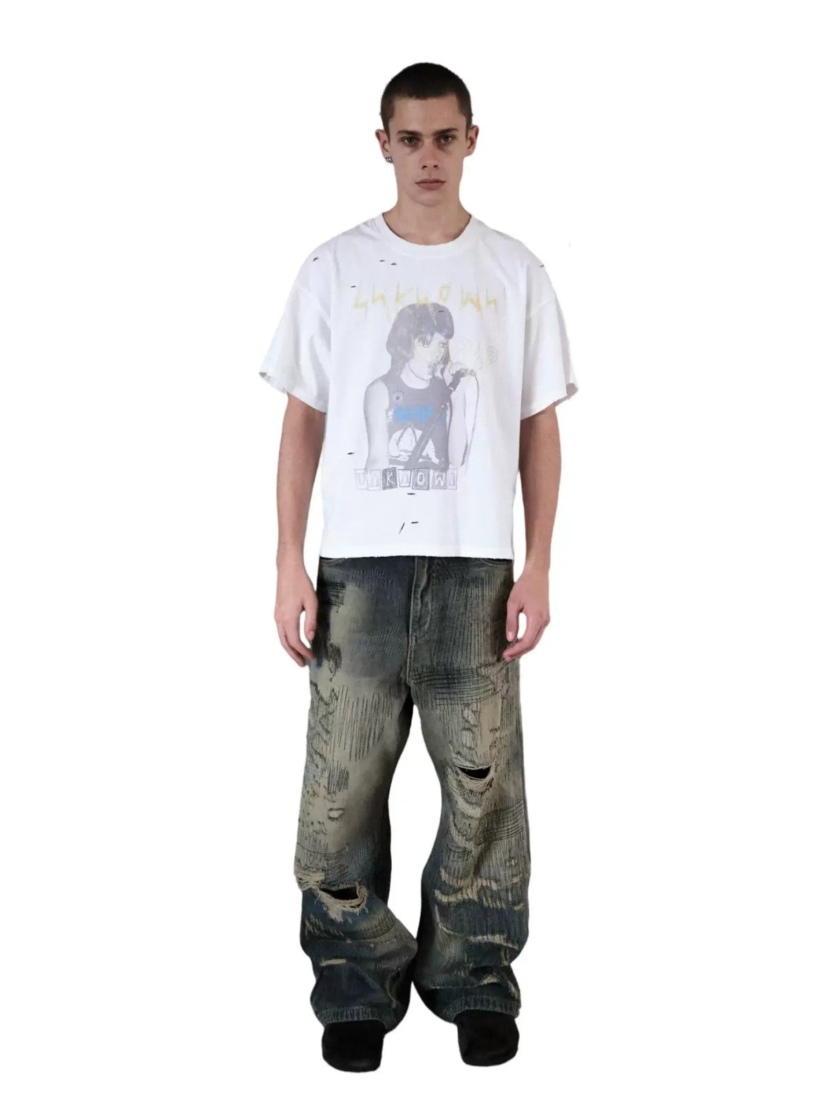 UNKNOWNWORLD Heavyweight Distressed Wide Leg Jeans in Denim