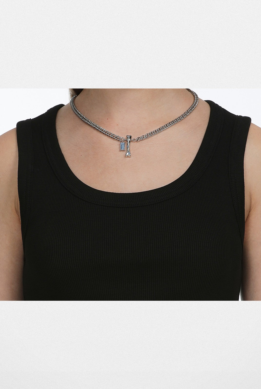 BLACKHEAD Blue Rhinestone Bone Necklace in Silver - On Model