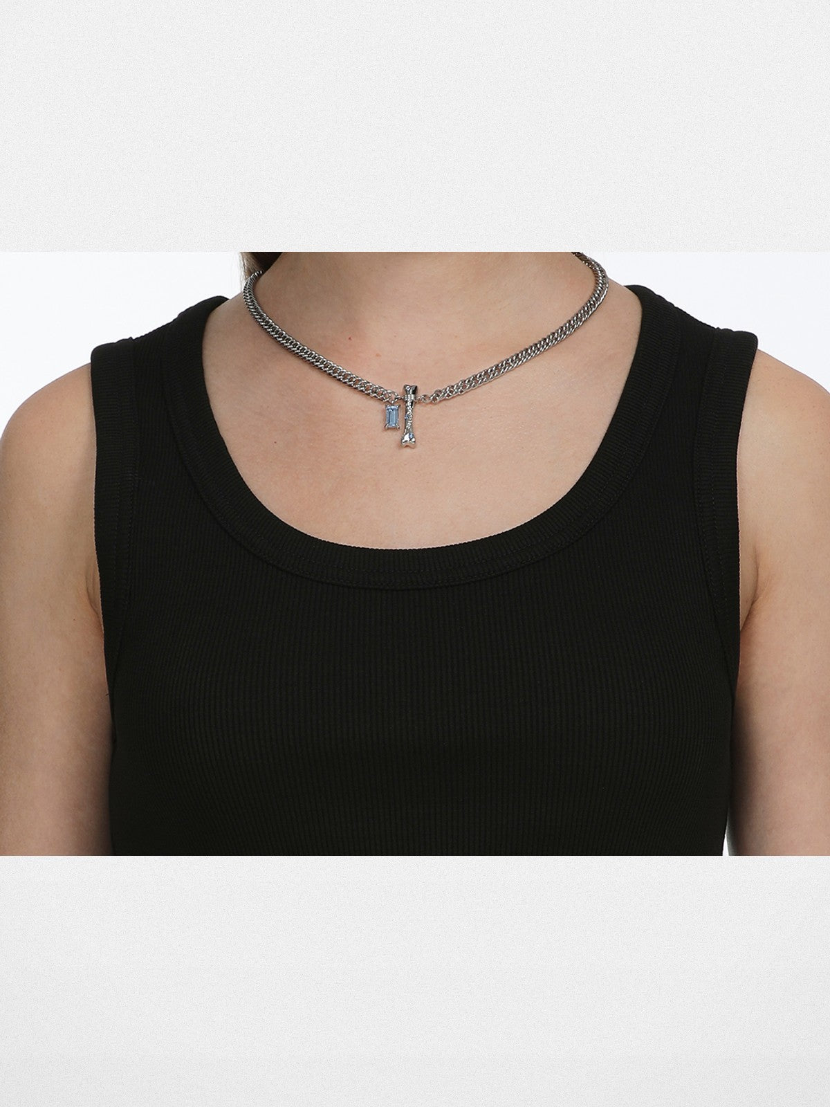 BLACKHEAD Blue Rhinestone Bone Necklace in Silver - On Female Model