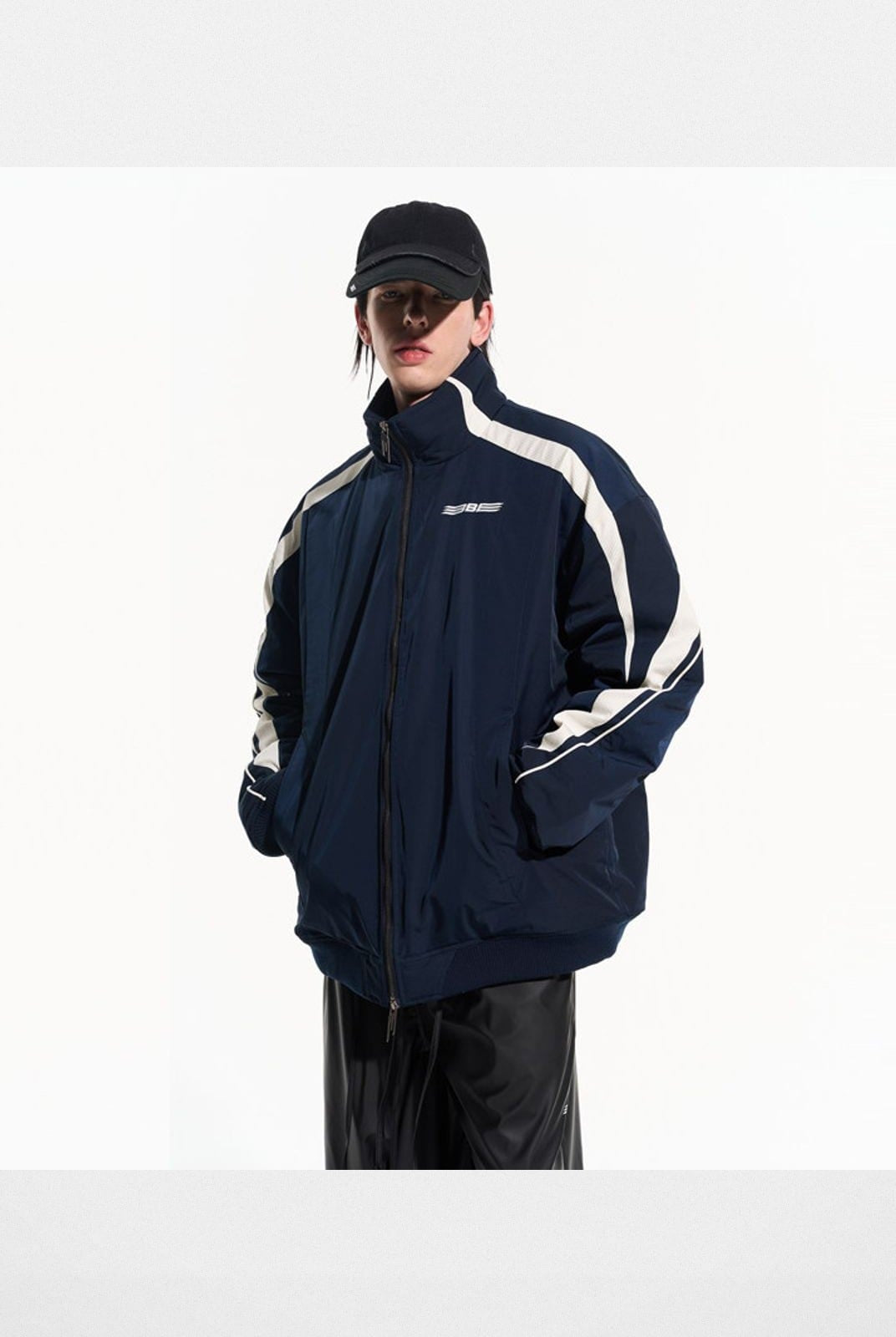 Blindnoplan Contrast Stripe Padded Jacket in Navy Blue - On Model