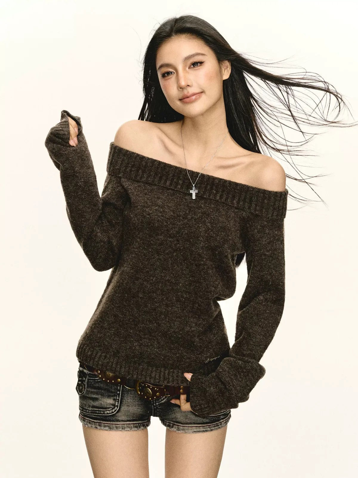 ARISEISM Folded Off Shoulder Knit Top in Coffee - On Model