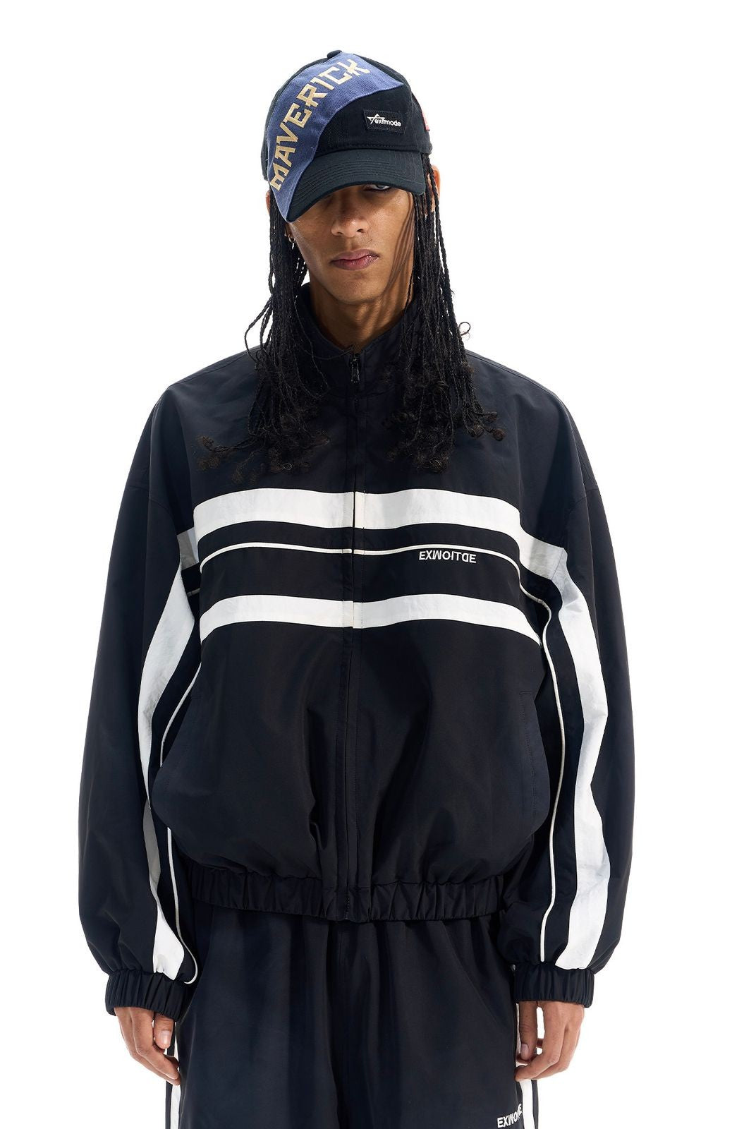 BLINDNOPLAN Distressed Color Block Track Jacket in Black - On Male Model