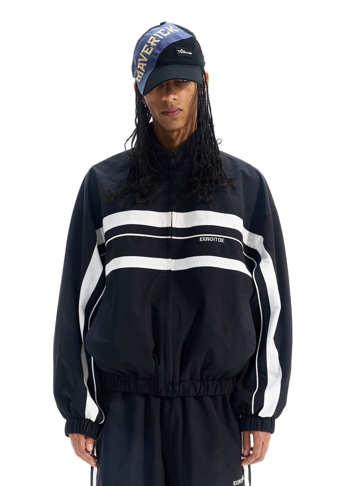 BLINDNOPLAN Distressed Color Block Track Jacket in Black - On Male Model