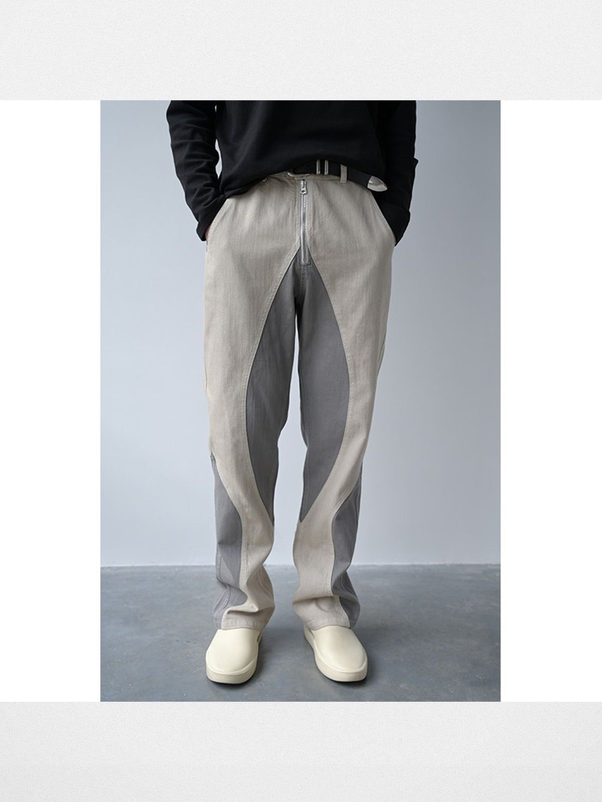 Roolrren Homme Two Tone Spliced Slub Jeans in White - On Model