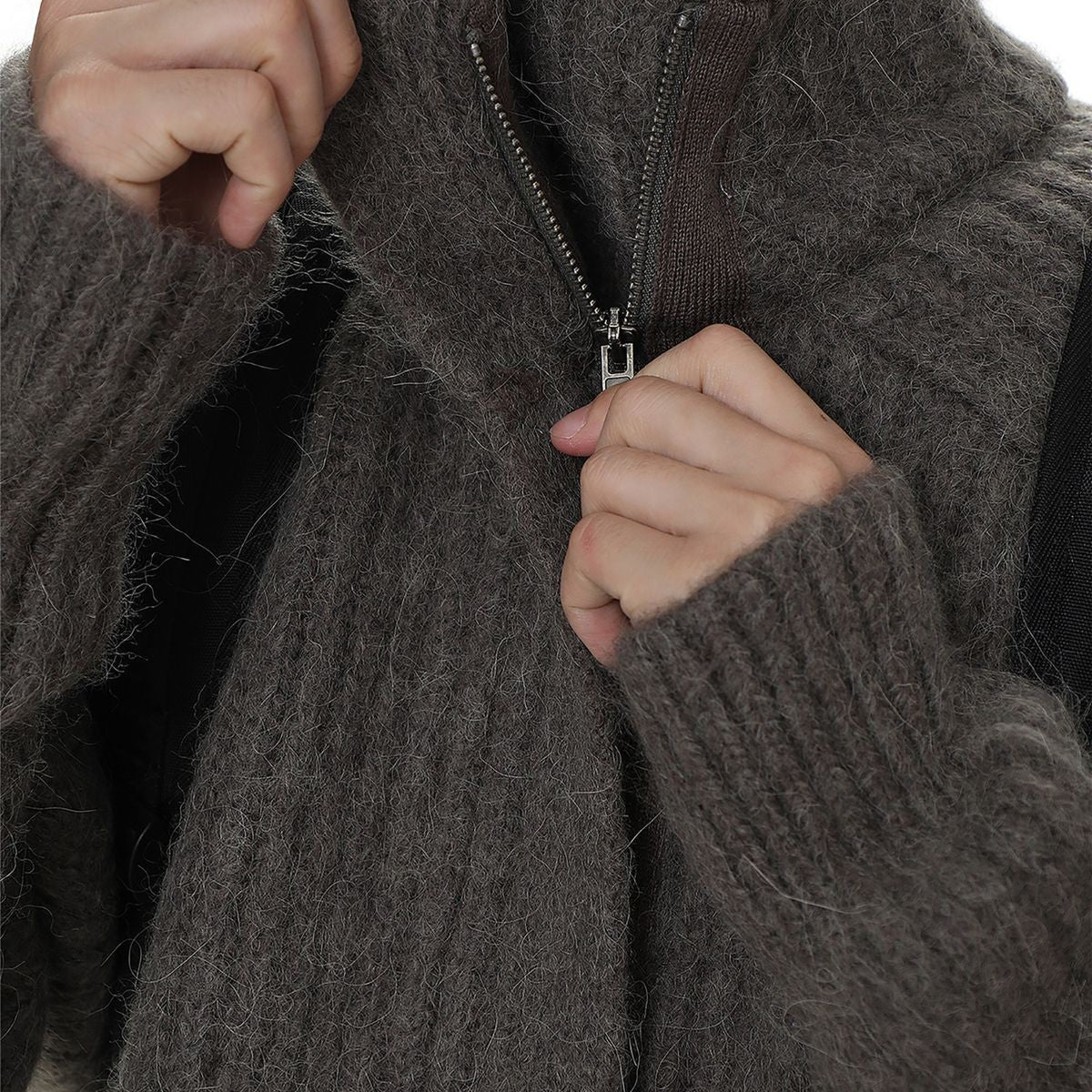 MasonPrince Ribbed Alpaca Blend Zip Cardigan in Beige - On Model #color_beige