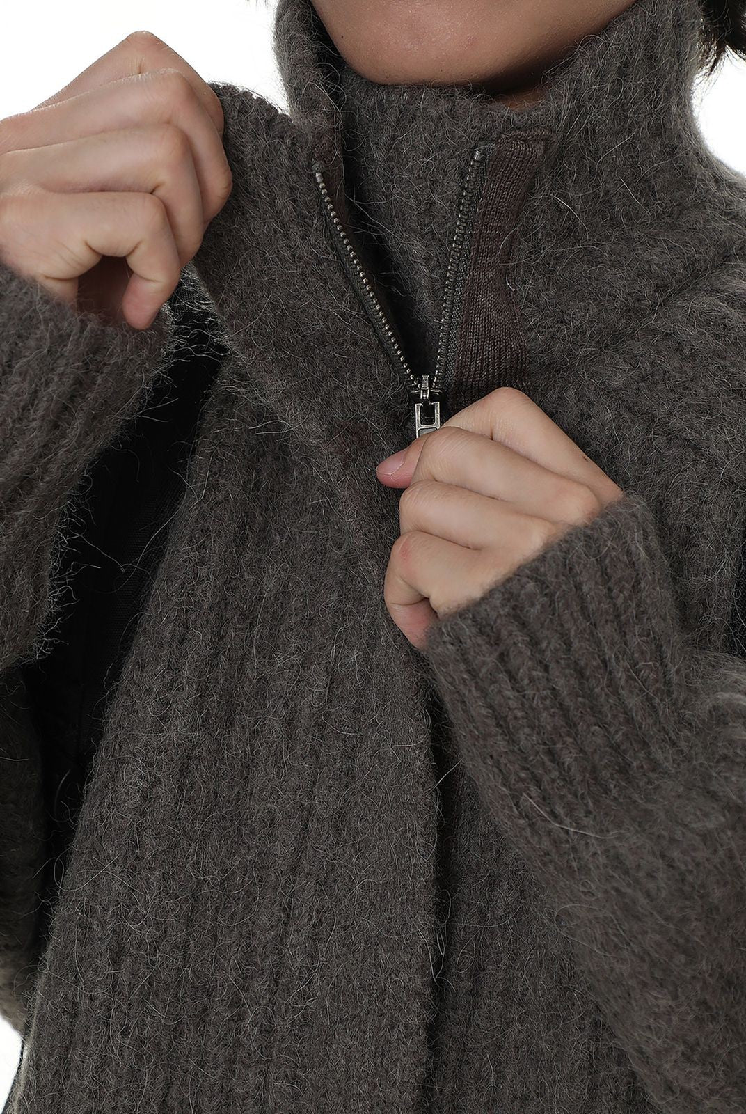 MasonPrince Ribbed Alpaca Blend Zip Cardigan in Beige - On Model