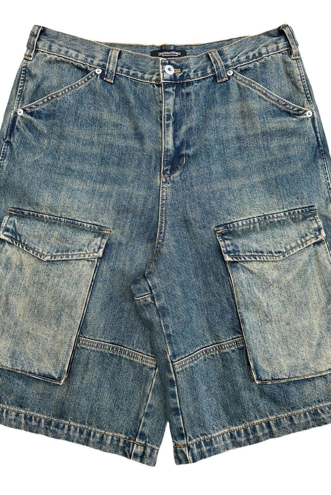UNKNOWNWORLD Mud Dyed Multi Pocket Denim Shorts in Blue