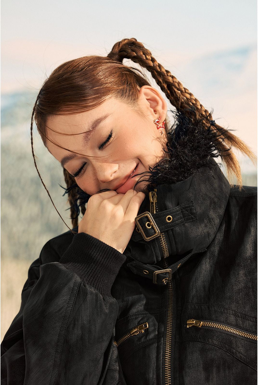 Beer Bro Faux Fur Collar PU Suede Bomber in Black - On Model