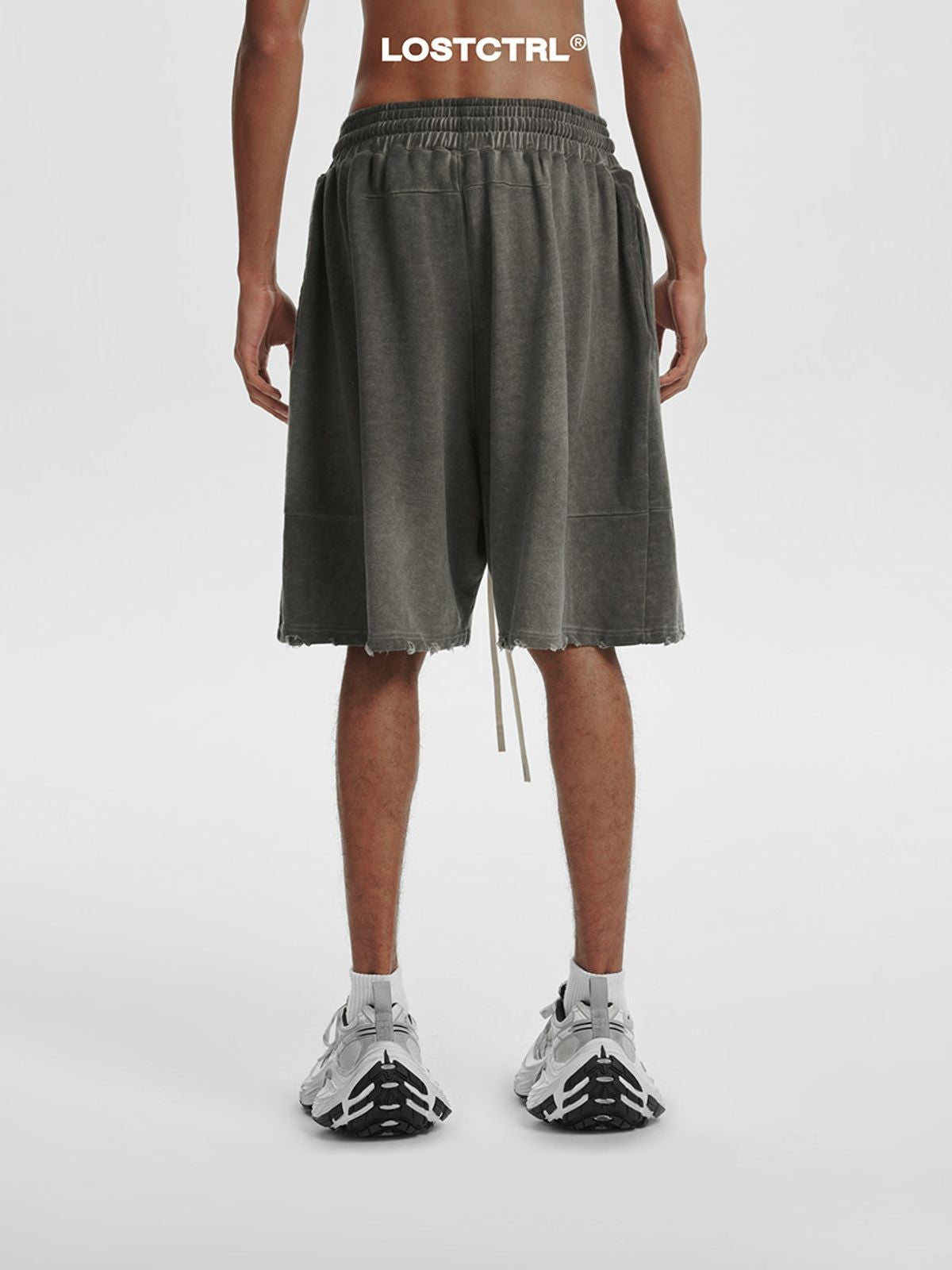LOSTCTRL Washed Distressed Cotton Shorts in Gray - On Model