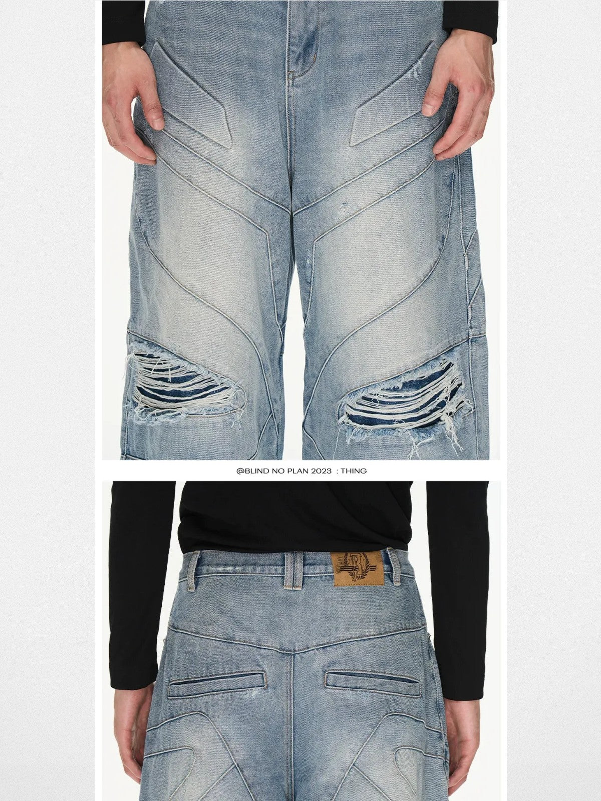 BLINDNOPLAN Distressed Paneled Denim Jeans in Denim - On Model