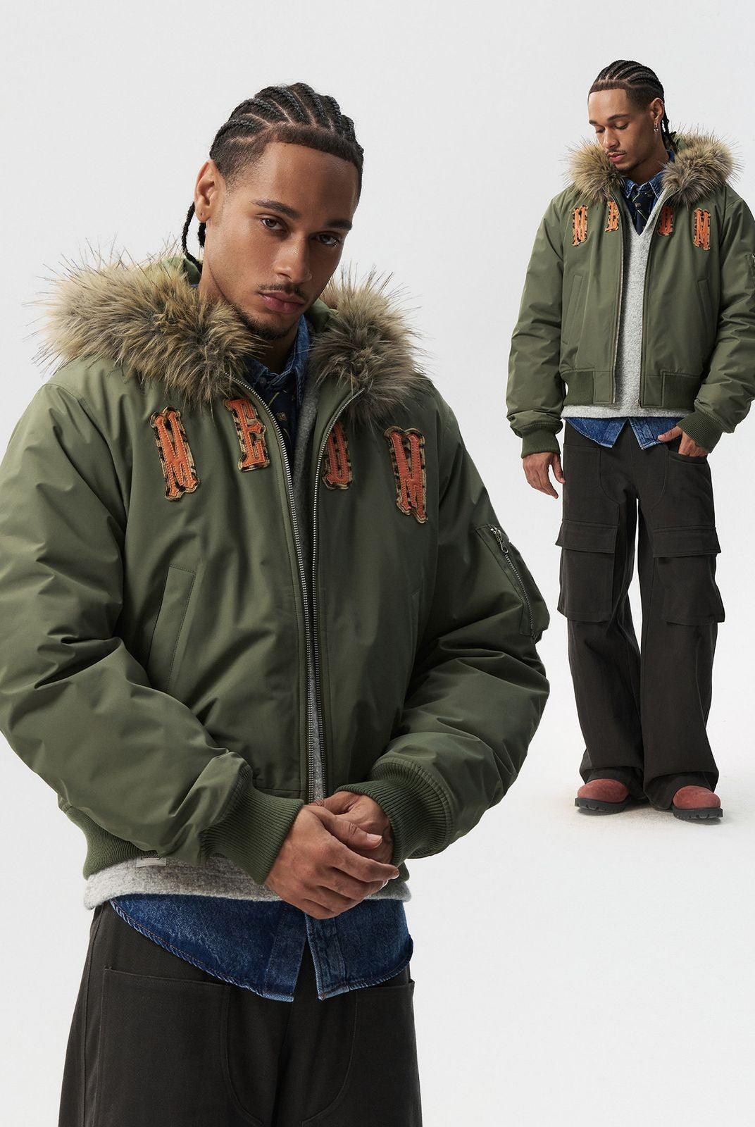 MEDM Fur Trimmed Padded Varsity Jacket in Olive - On Male Model