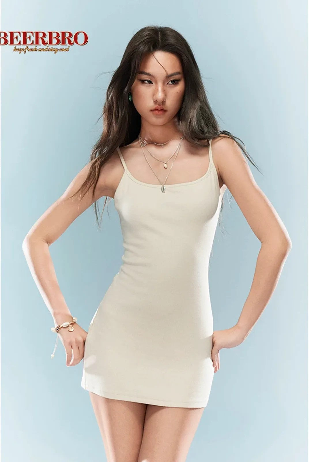 BeerBro Spaghetti Strap Bodycon Mini Dress in White - On Model