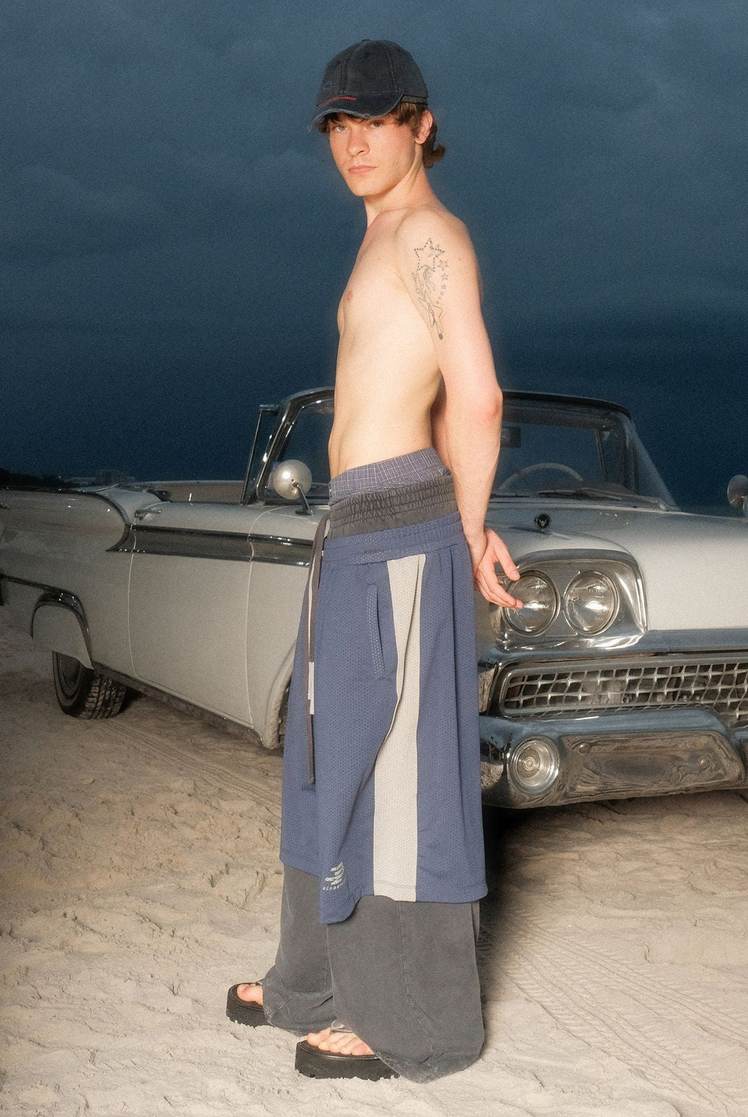 MASONPRINCE Layered Mesh Cotton Pants in Blue - On Model #color_blue