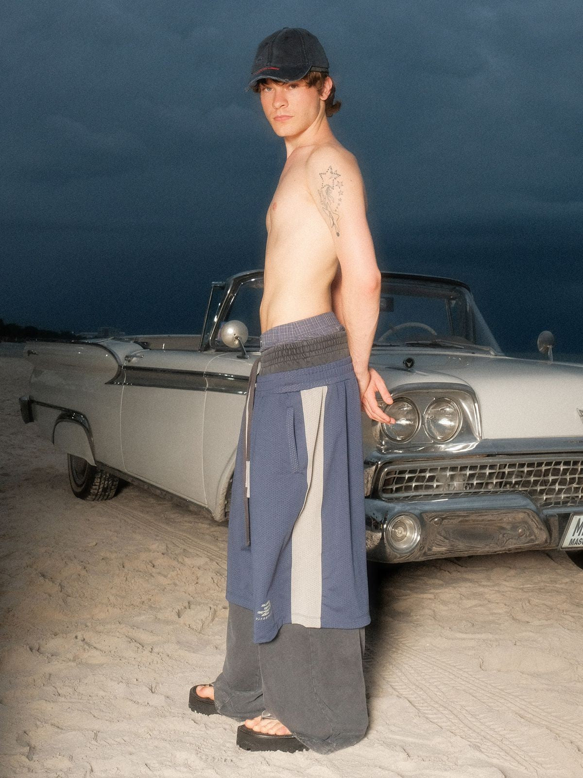 MASONPRINCE Layered Mesh Cotton Pants in Blue - On Model #color_blue