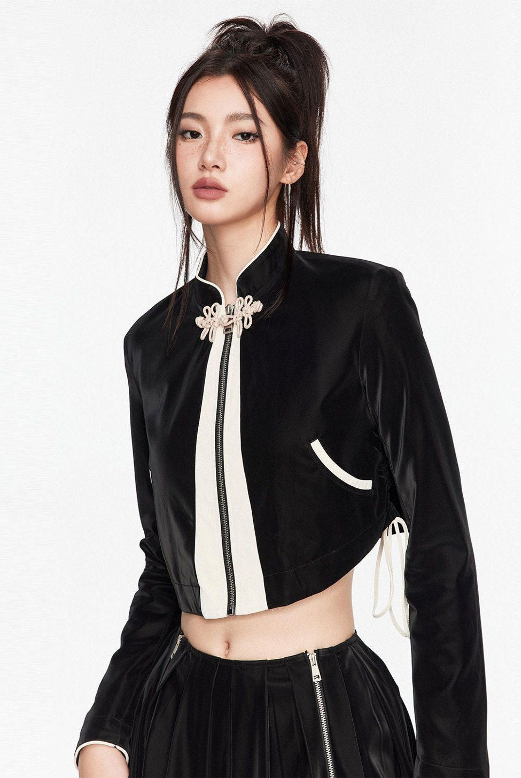 PUKI Frog Button Stand Collar Jacket in Black - On Model