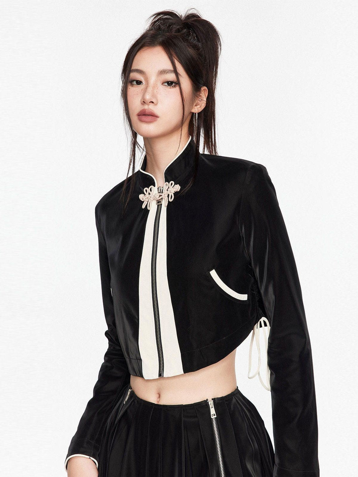 PUKI Frog Button Stand Collar Jacket in Black - On Model