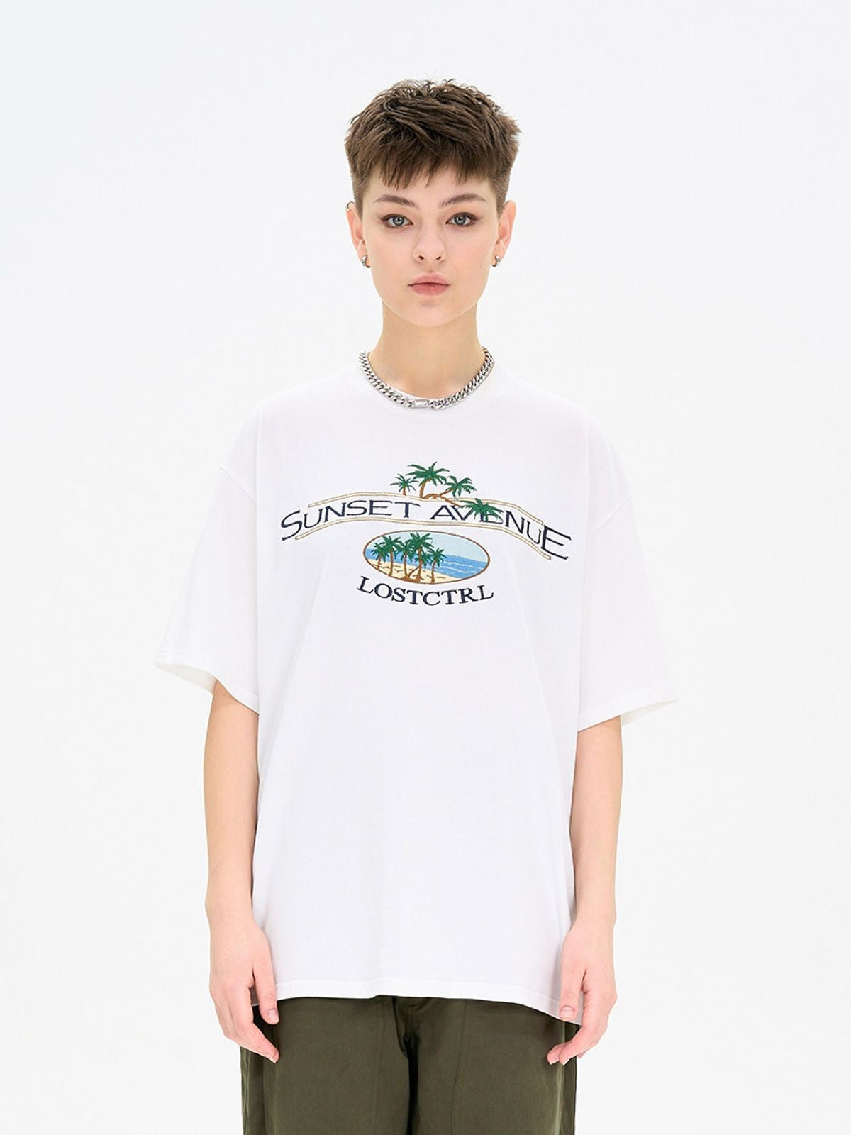 LOSTCTRL Palm Tree Embroidered Cotton Tee in White - On Model