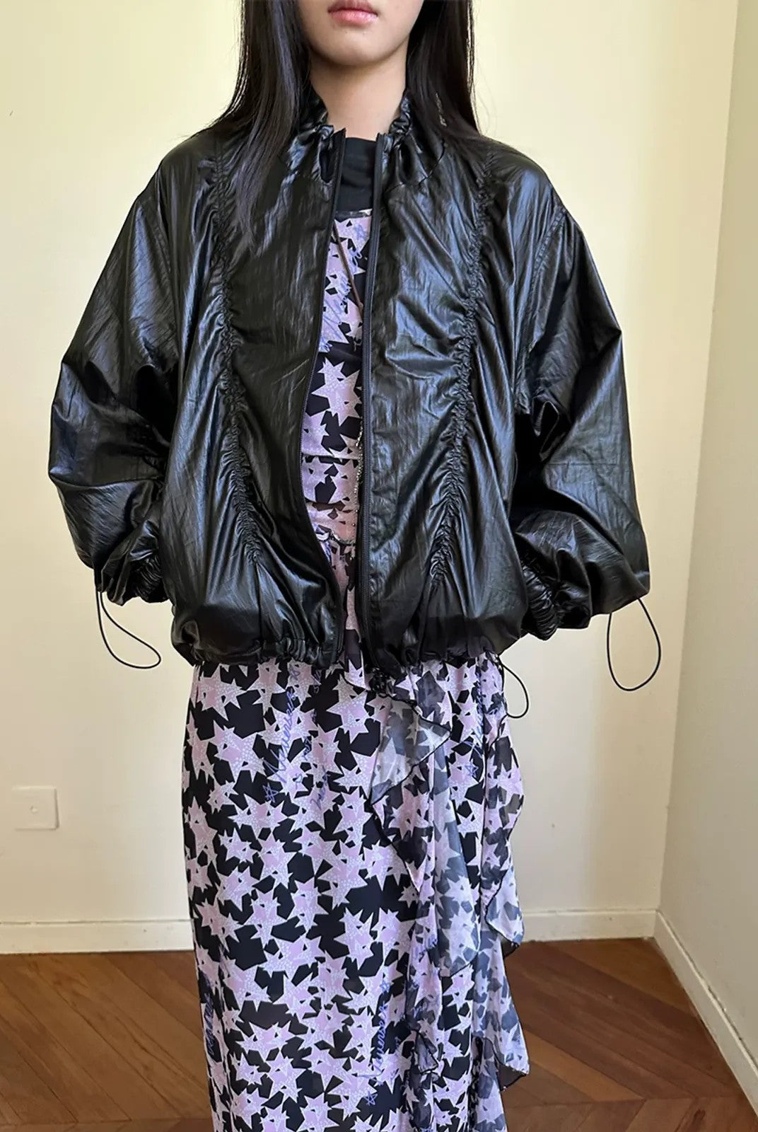 NeverSeez Glossy Ruched Tencel Windbreaker in Black - On Model