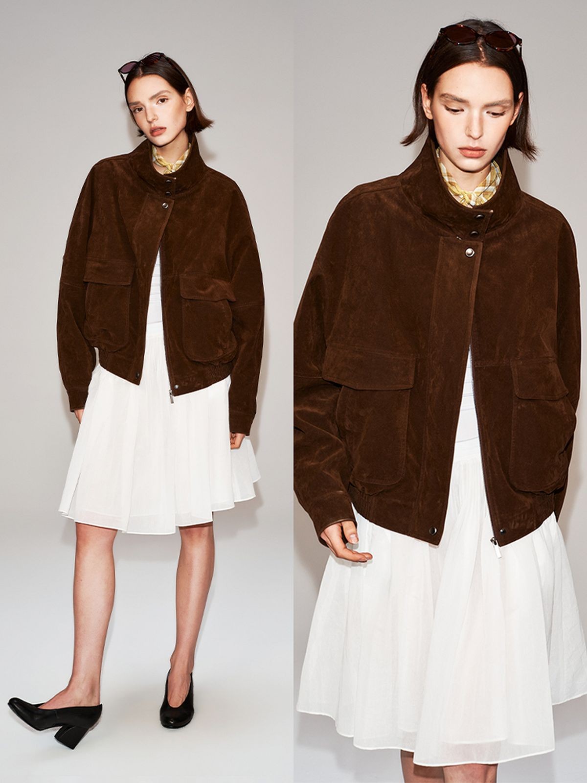 PUKI Cropped Sueded Stand Collar Jacket in Brown - On Model
