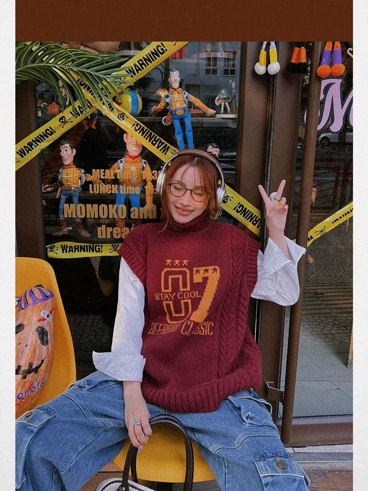 BeerBro Graphic Cable Knit Turtleneck Vest in Burgundy - On Model