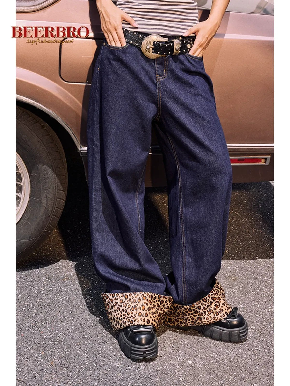 BeerBro Leopard Cuff Wide Leg Jeans in Blue - On Model