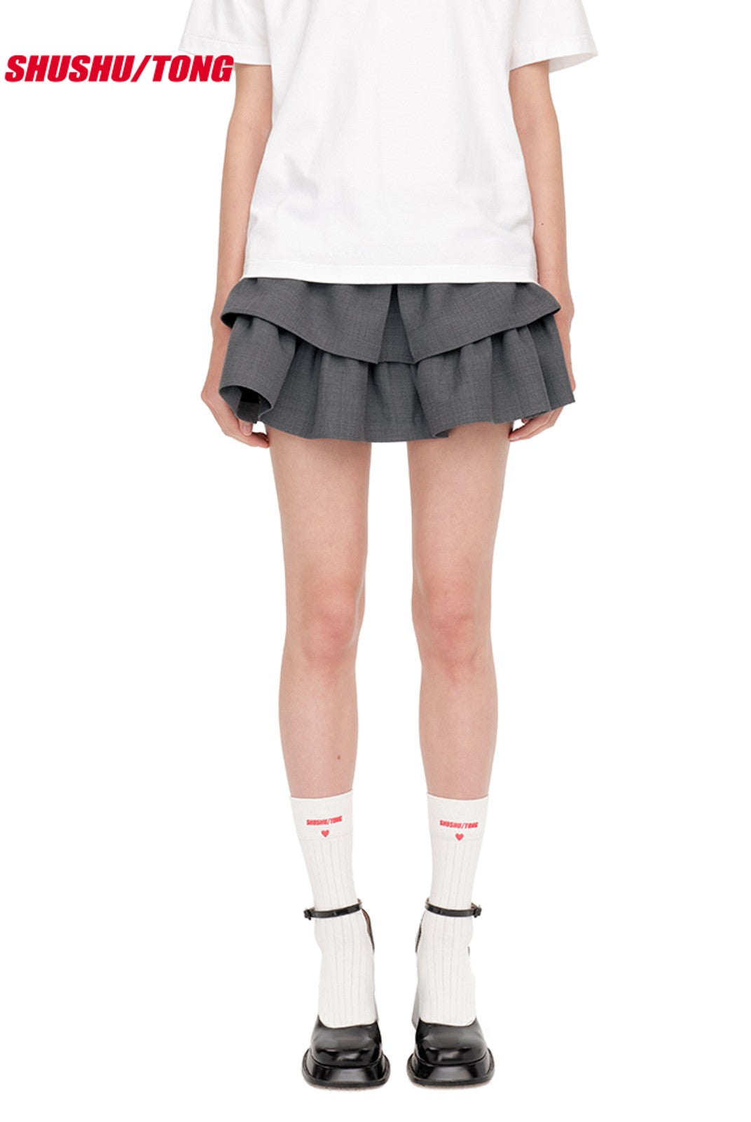 SHUSHUTONG Tiered Wavy Wool Mini Skirt in Gray - On Model