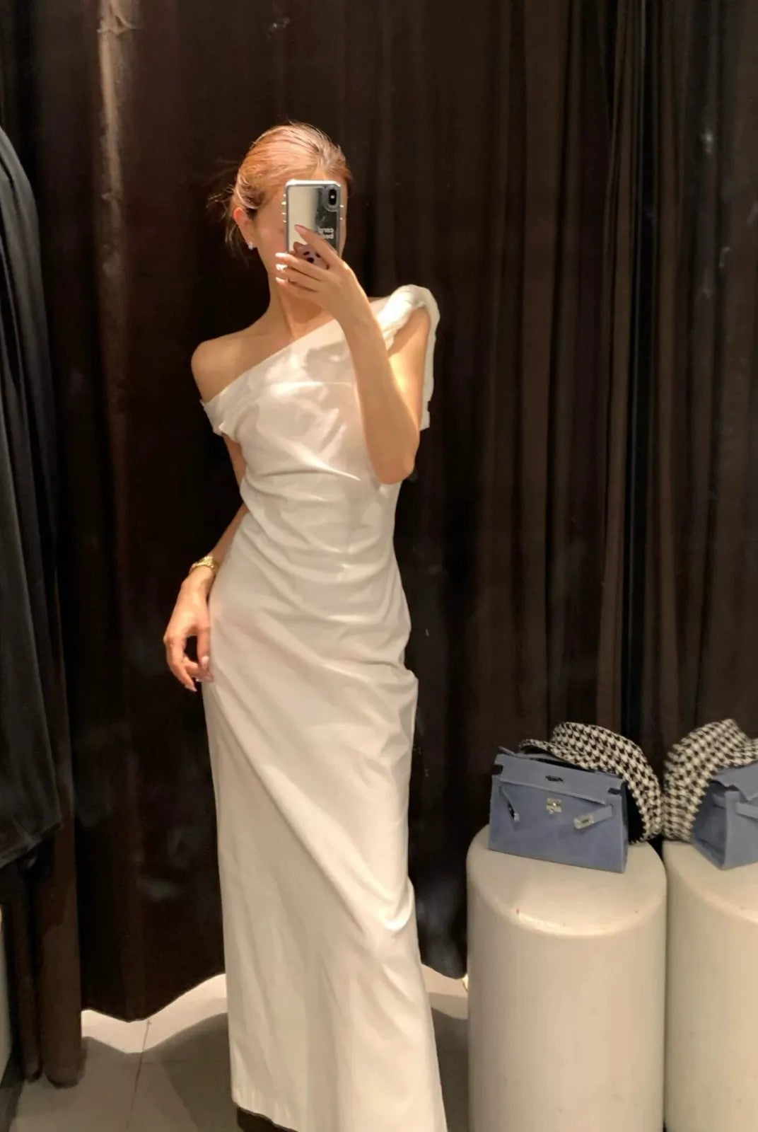 1S STUDIO Twisted Knot Off Shoulder Dress in White